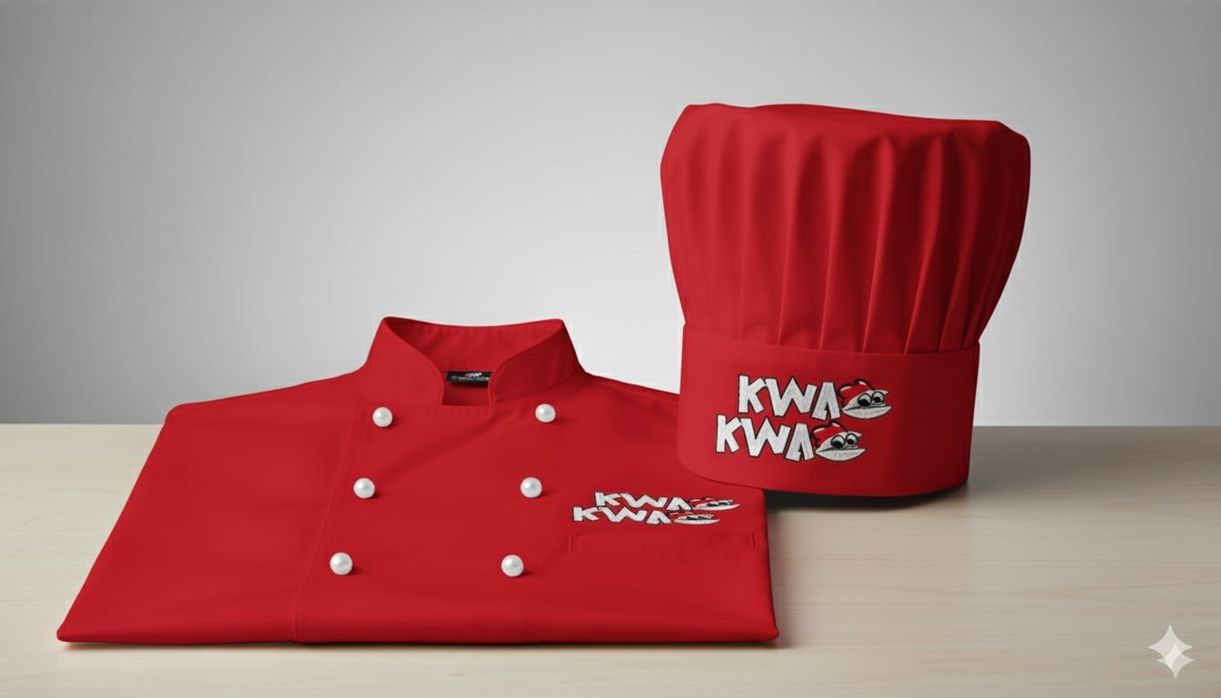 KWA KWA restaurant uniforms featuring signature colors